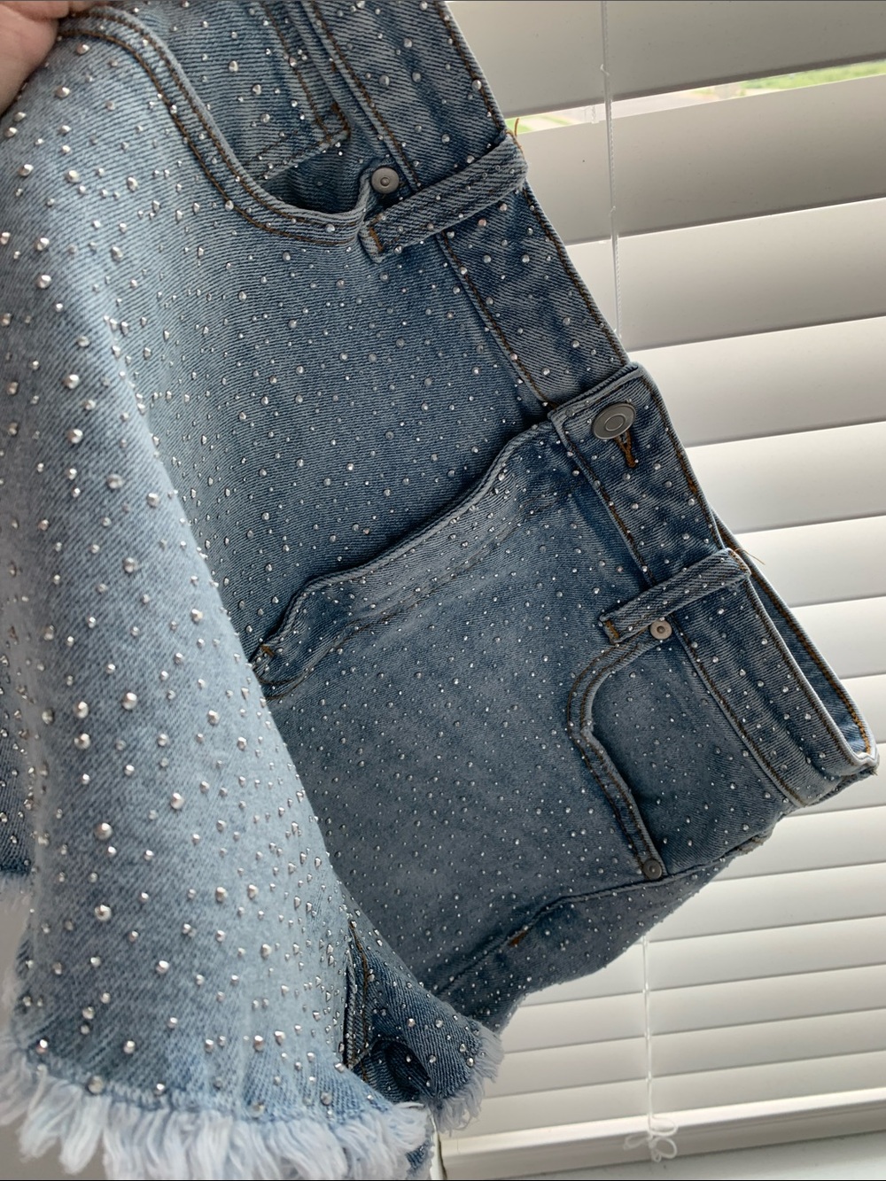 Altar'd State Light Blue Denim Shorts cutoffs  with silver sparkle Studs 31 NWOT